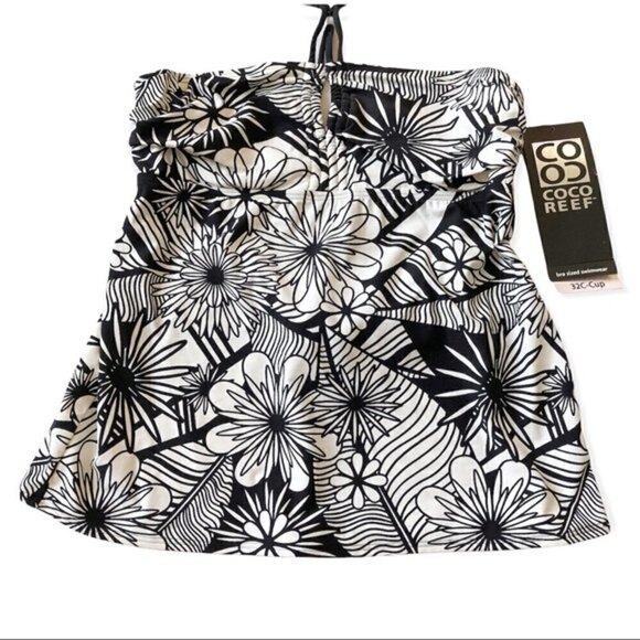 Coco Reef Tankini Swim Top 32C Black White Floral Bandeau - Picture 3 of 11